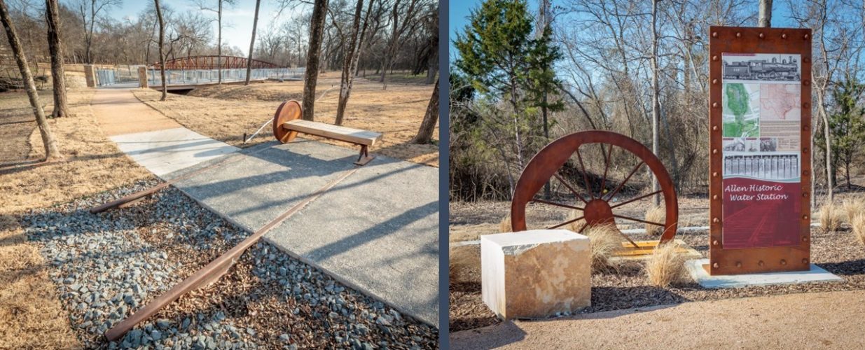 Park bench and railroad features at Historic Water Station Park in Allen, TX